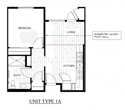 Floor plan for 1 bed, 1 bath, 561 sqft